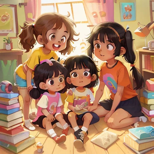 three girls sitting on a table with books in the background and a bookcase behind them with books on it