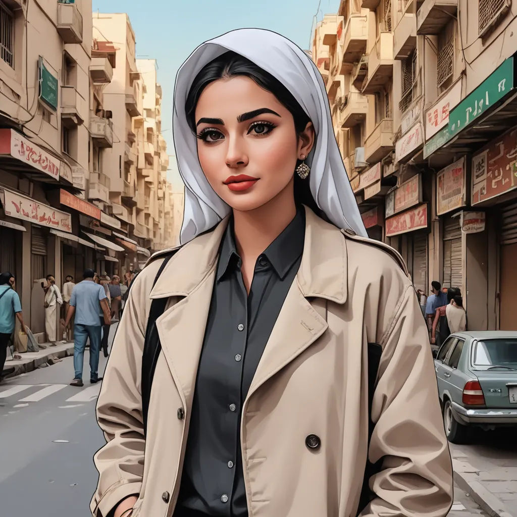 a woman in a trench coat standing on a street corner with a car parked on the side of the road, digital art, a digital painting, Elina Karimova, ultra realistic digital art