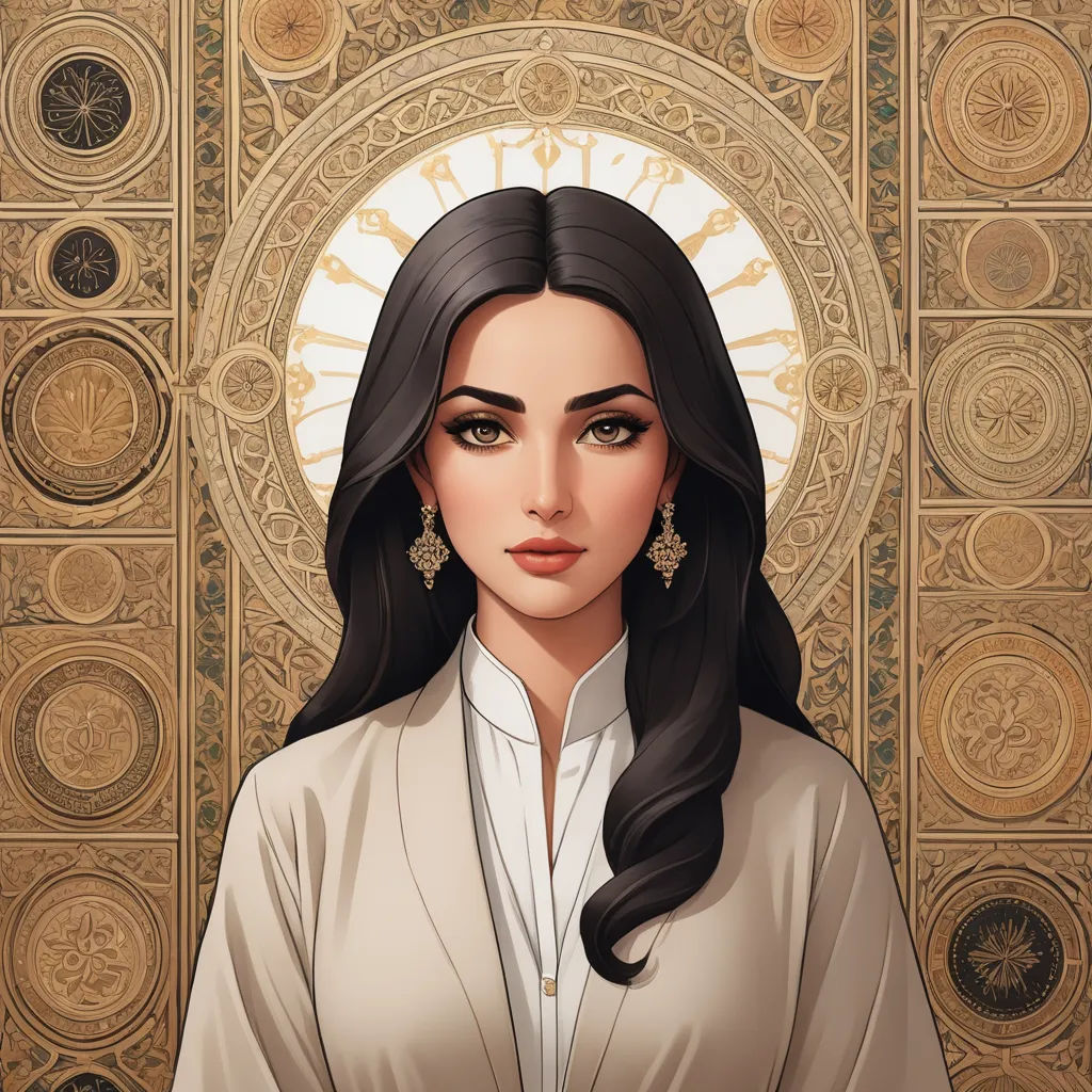 a woman with long black hair wearing a white shirt and earrings, standing in front of a golden background, gothic art, a character portrait, Araceli Gilbert, divinity