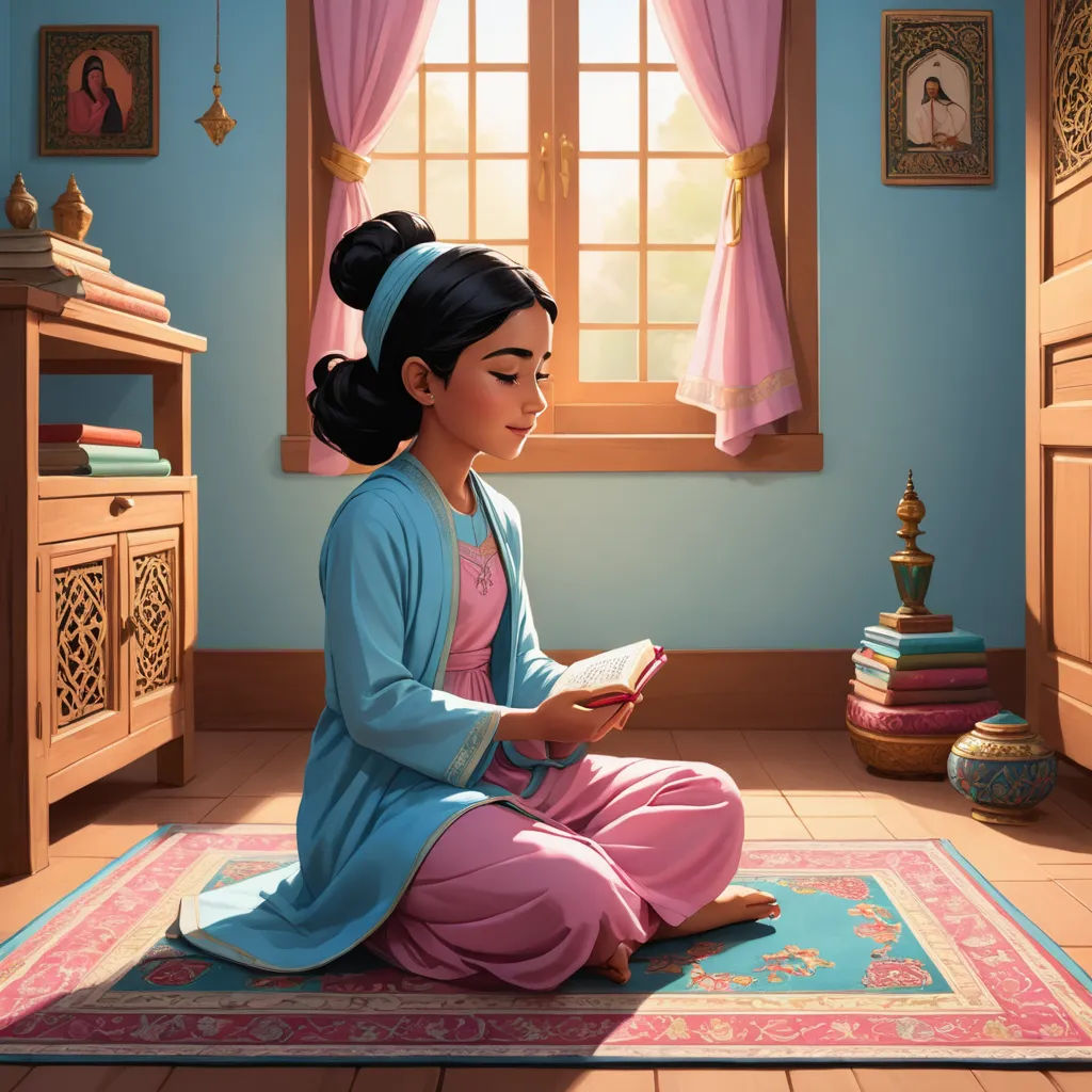 a painting of a woman sitting on a rug reading a book in a room with a window and a rug on the floor, qajar art, a storybook illustration, Ella Guru, official art
