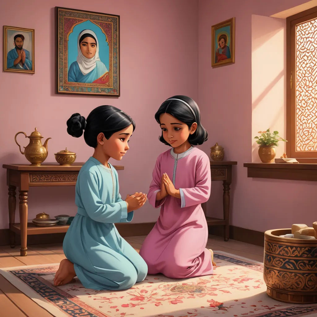 a painting of two girls sitting on a rug in a room with a painting of a woman and a man, hurufiyya, a storybook illustration, Ella Guru, official art