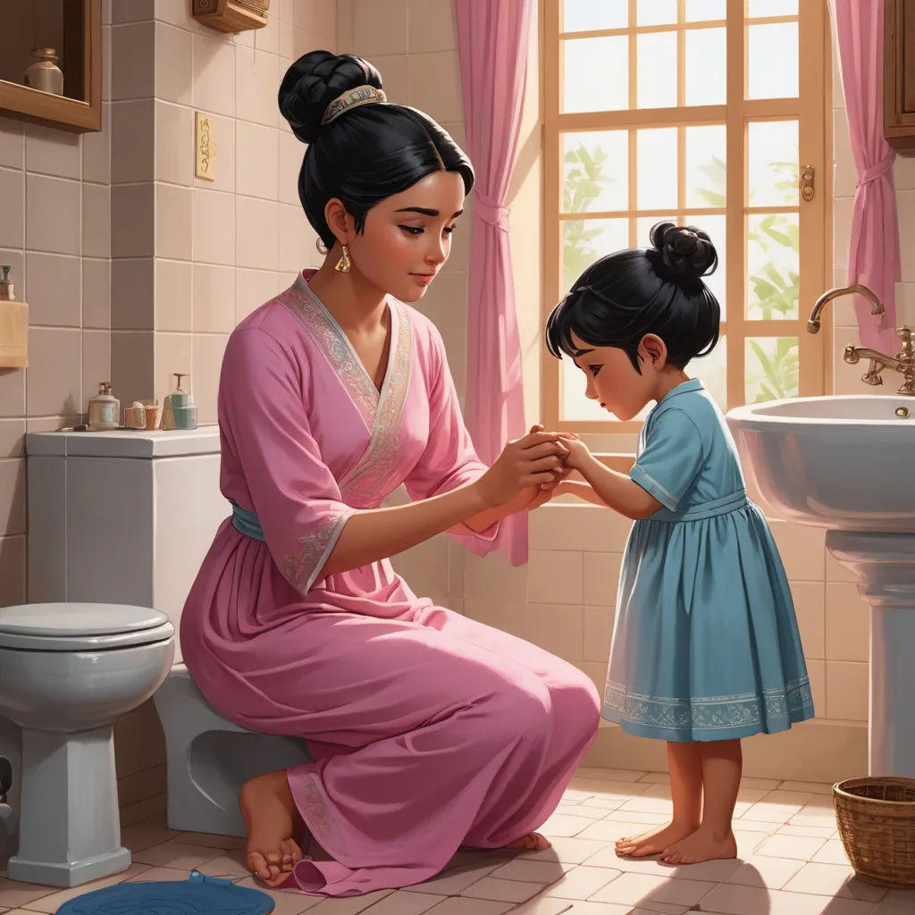 a painting of a woman and a child in a bathroom with a sink and toilet in the background and a window, photorealism, a storybook illustration, disney, official art
