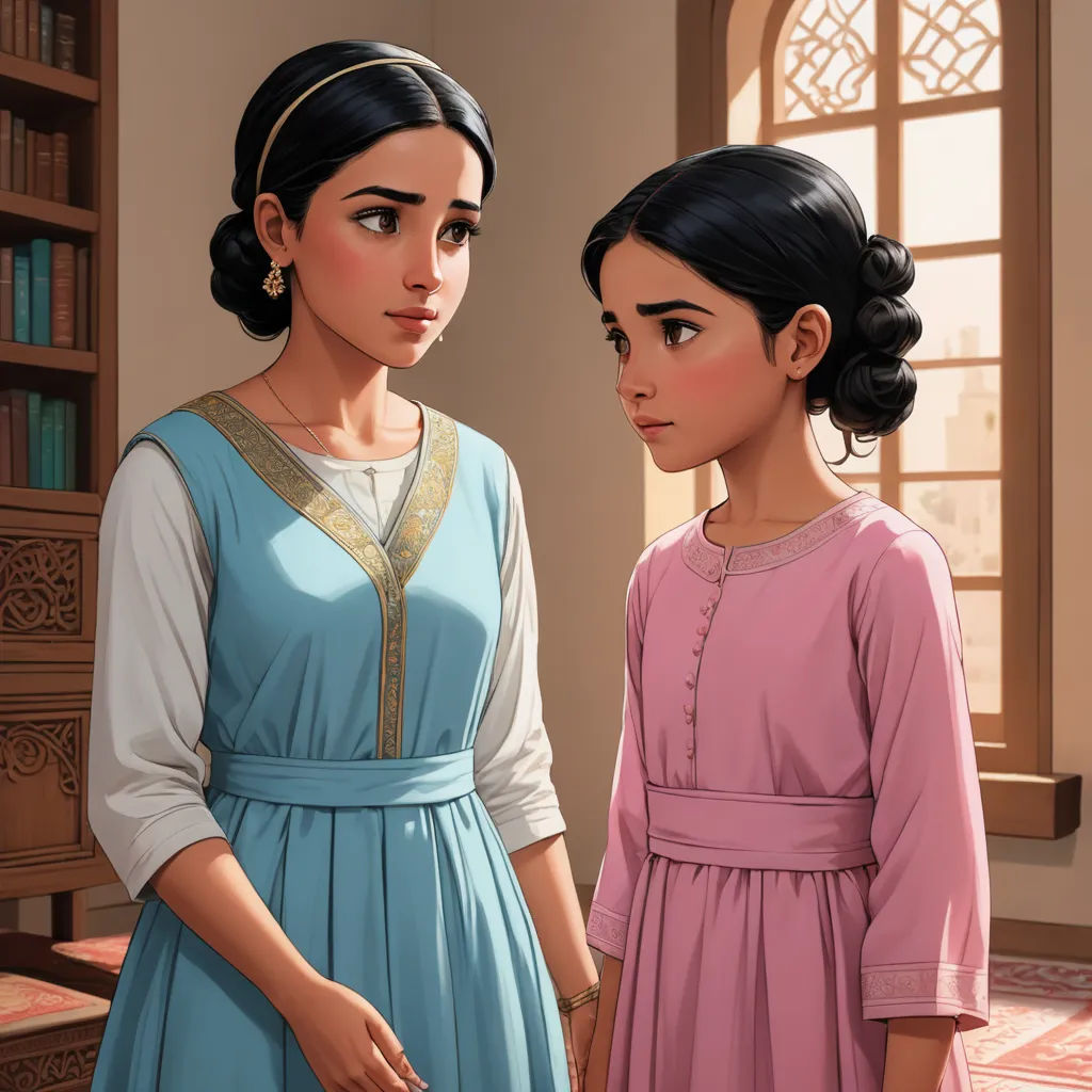 a cartoon of two women standing next to each other in a room with a bookcase and a window, hurufiyya, a storybook illustration, Brothers Hildebrandt, official art