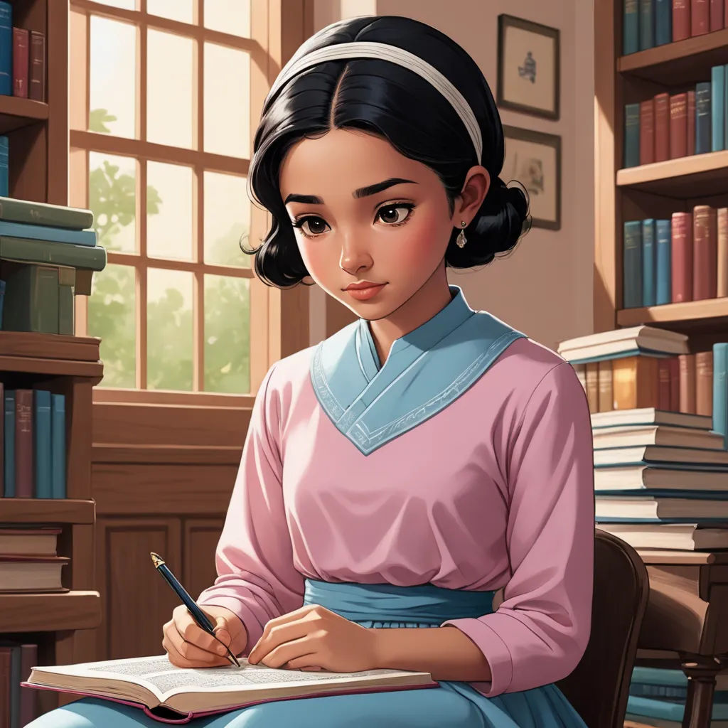 a cartoon girl sitting in a chair writing on a book with a pen in her hand and a bookcase behind her, serial art, a character portrait, Choi Buk, storybook illustration