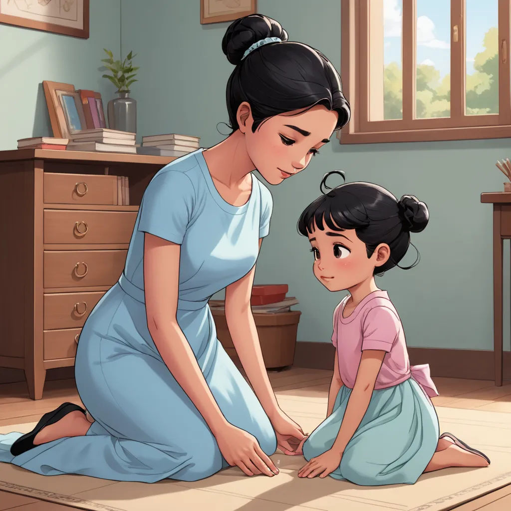 a woman and a little girl sitting on the floor together in a room with a window and a dresser, sots art, a storybook illustration, disney, official art