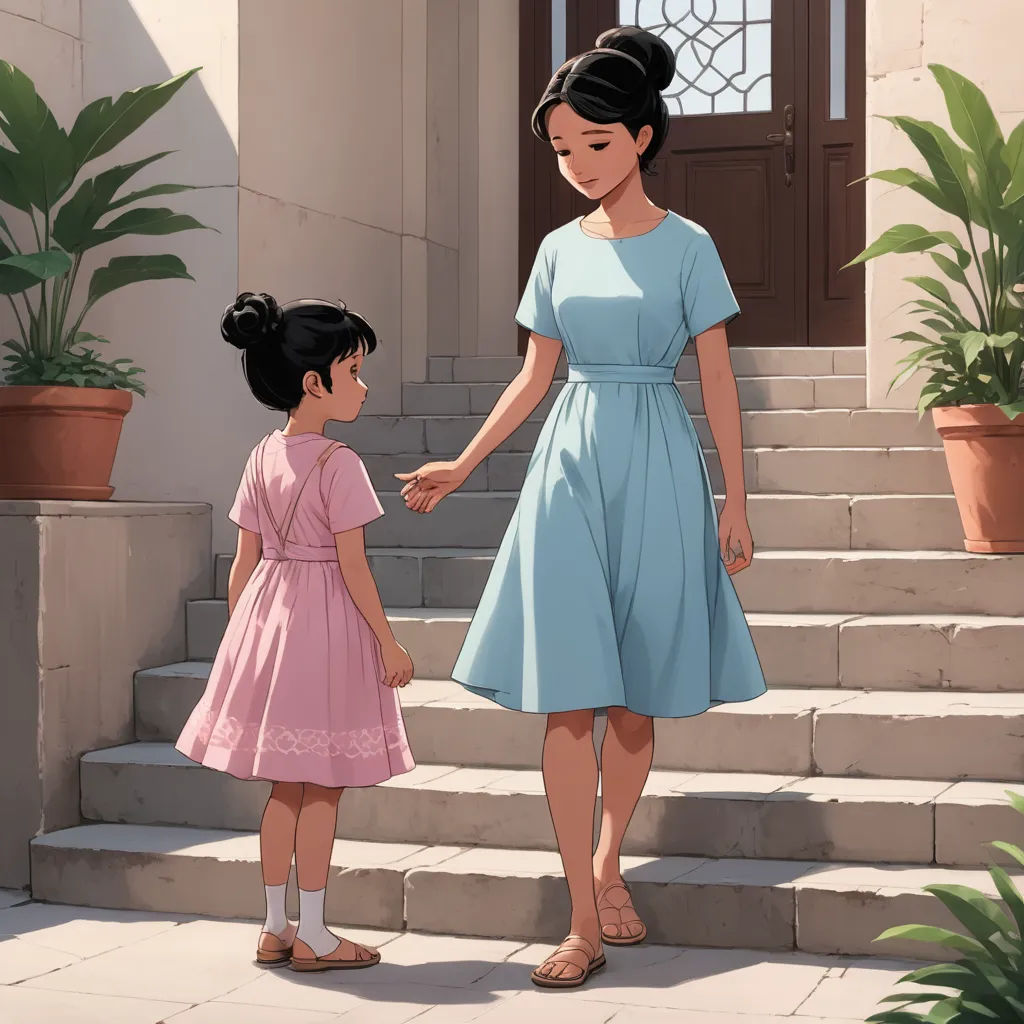a little girl holding the hand of a little girl on the steps of a house with a potted plant, serial art, a storybook illustration, disney, official art