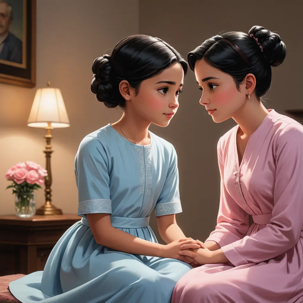 two women sitting on a bed facing each other with a painting of a man in the background behind them, classical realism, an oil painting, Brothers Hildebrandt, official art