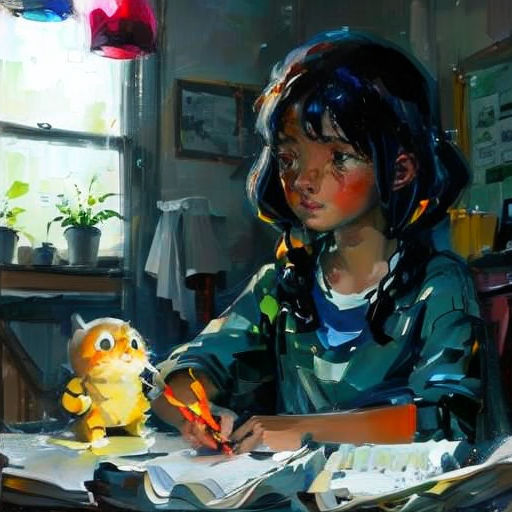 a painting of a girl sitting at a desk with a stuffed animal and a book on it's desk