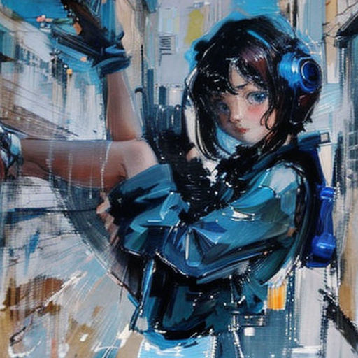 a painting of a woman with headphones on her head and a blue shirt on her shoulders, holding a gun