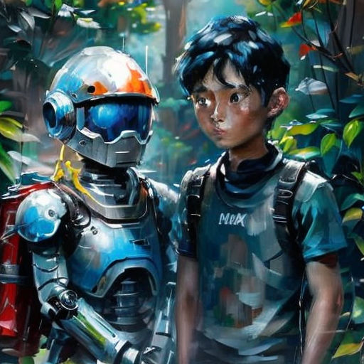 a painting of two people in a forest with a robot suit on and a helmet on, standing next to each other