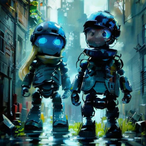 two robots standing in a city street next to each other with a building in the background and a person in the foreground
