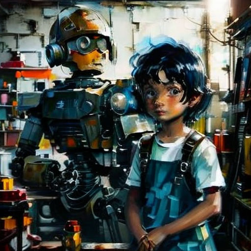 a painting of a boy and a robot in a room with shelves of books and other items on the floor