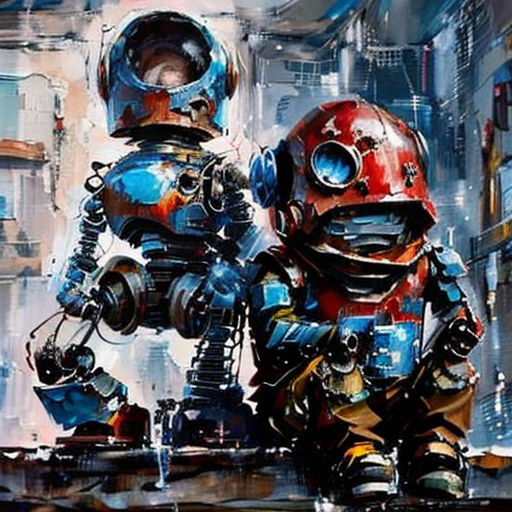 two robots are standing next to each other in a city street, one is wearing a red and blue suit