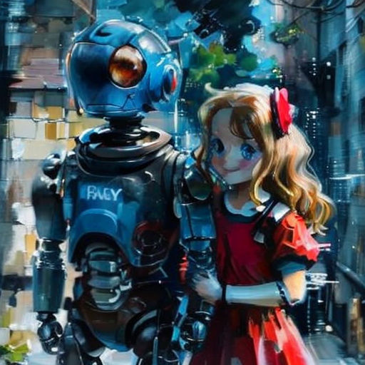 a painting of a girl and a robot standing next to each other in a city street with a building in the background