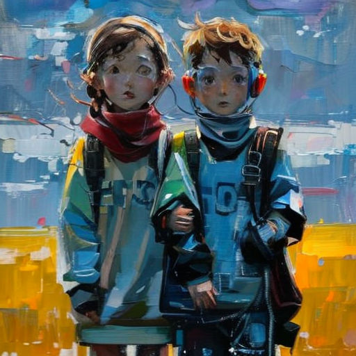 two children with headphones standing next to each other in front of a painting of a yellow field with blue sky