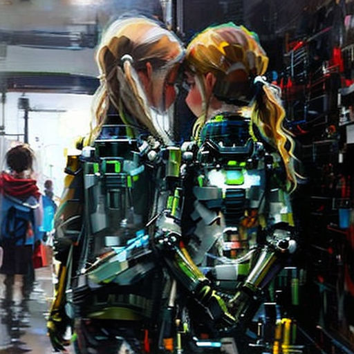 two people in a store with a robot suit on and a woman in a red dress standing next to them