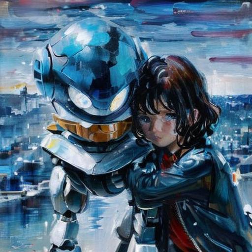 a painting of a girl hugging a robot in a cityscape with a cityscape in the background