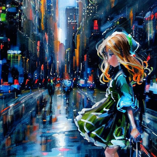 a painting of a girl walking down a city street at night with an umbrella in her hand and a cityscape in the background