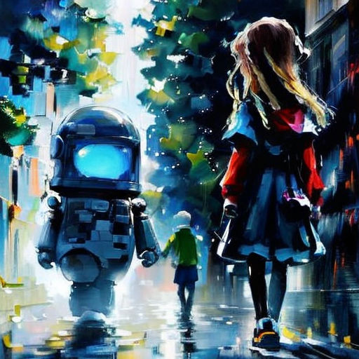 a painting of a girl and a robot walking down a street in the rain with a man walking behind her