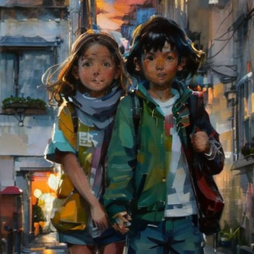 two children walking down a street in the rain with umbrellas on their heads and a man holding a bag