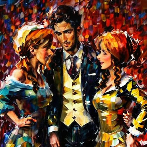 a painting of two women and a man in a suit and tie standing next to each other in front of a crowd