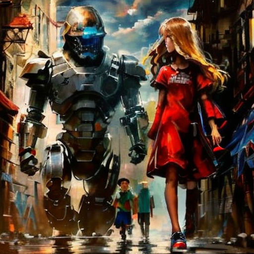 a girl and a robot are standing in the rain in a city street with a man and a woman