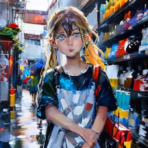 a painting of a girl in a store with a handbag on her hip and a shopping cart in the background