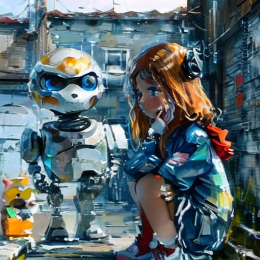 a girl standing next to a robot in a city street with a robot behind her and a robot behind her