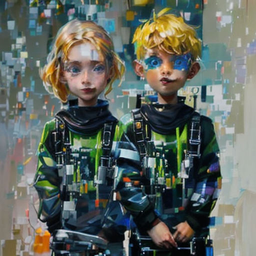 two children with blue eyes and body paint standing next to each other in front of a painting of a city