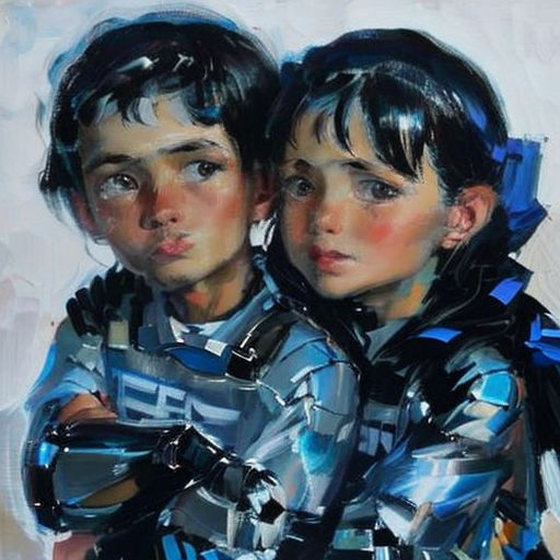a painting of two children in futuristic suits hugging each other with their arms around each other, looking at the camera