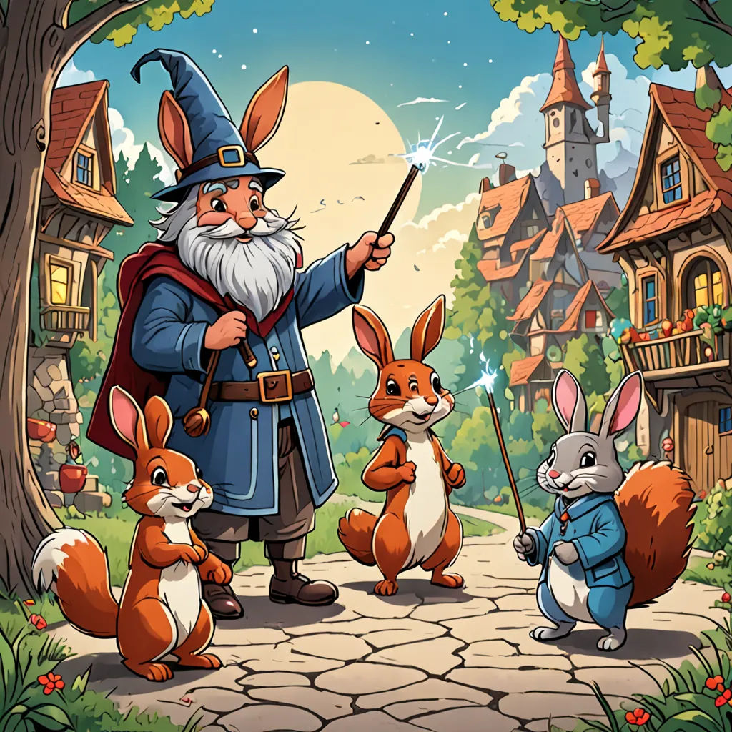 a wizard with a staff and rabbits in front of a castle with a full moon in the background illustration, magic realism, a storybook illustration, Beatrix Potter, storybook illustration