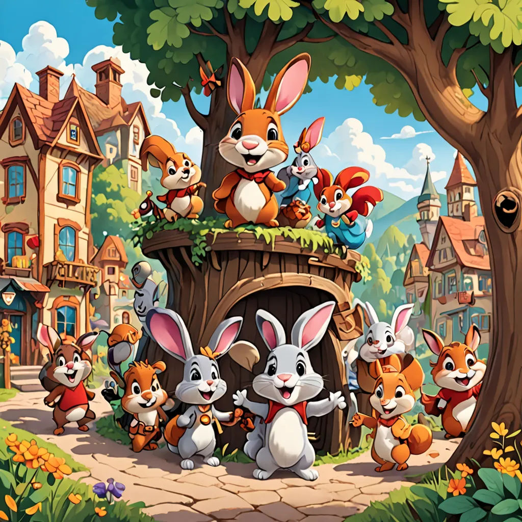 a group of cartoon animals standing in front of a tree in a forest with a house in the background, furry art, a storybook illustration, Beatrix Potter, official art