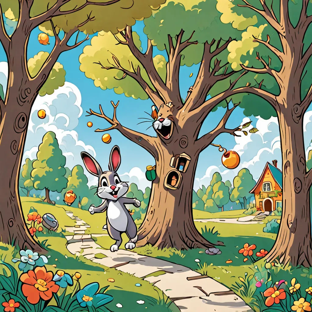 a cartoon rabbit is running through a forest with a birdhouse in the background and a birdhouse in the foreground, fantasy art, a storybook illustration, Chris LaBrooy, storybook illustration