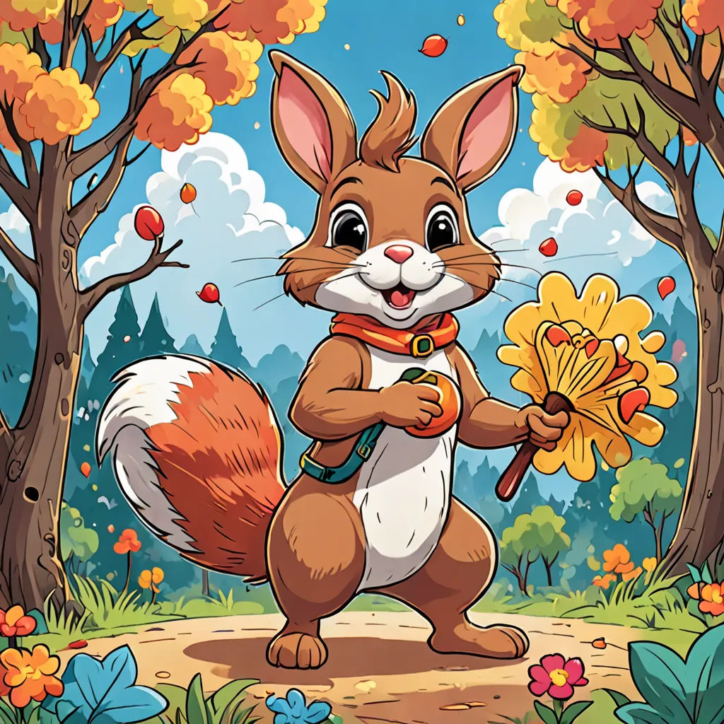 a cartoon squirrel holding a bouquet of flowers in a forest with trees and flowers around it, with a sky background, furry art, a storybook illustration, Chris LaBrooy, official art