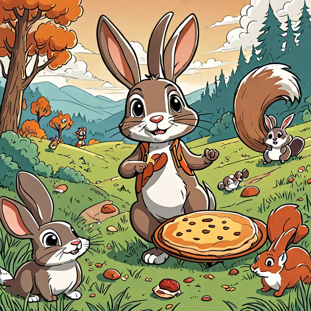 a cartoon rabbit with a pizza in the grass with other rabbits around it and a forest in the background, furry art, a storybook illustration, Dan Mumford, storybook illustration