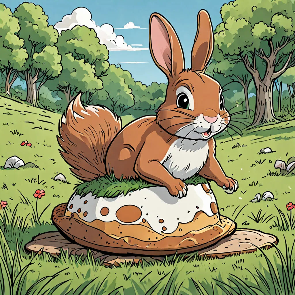a cartoon rabbit sitting on top of a mushroom in a field of grass and trees, with a sky background, pop surrealism, a storybook illustration, Chris LaBrooy, storybook illustration