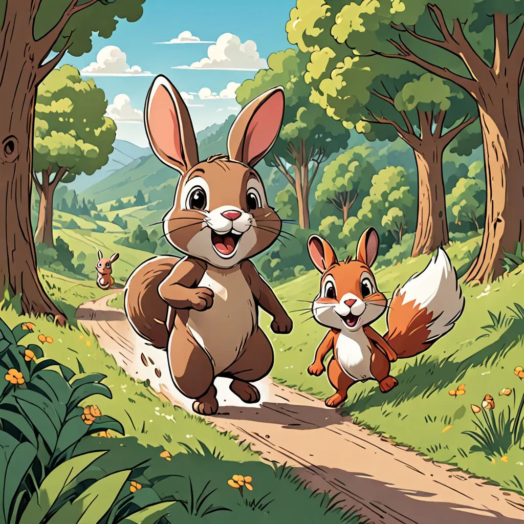 a cartoon rabbit and a fox running in the woods together, with a path leading to the forest behind them, furry art, a storybook illustration, Chris LaBrooy, promotional image