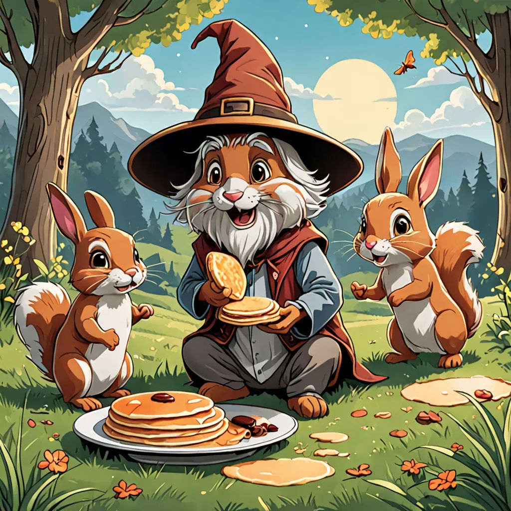 a cartoon of a wizard with his animals eating pancakes in the forest with a full moon in the background, fantasy art, a storybook illustration, Dan Mumford, storybook illustration