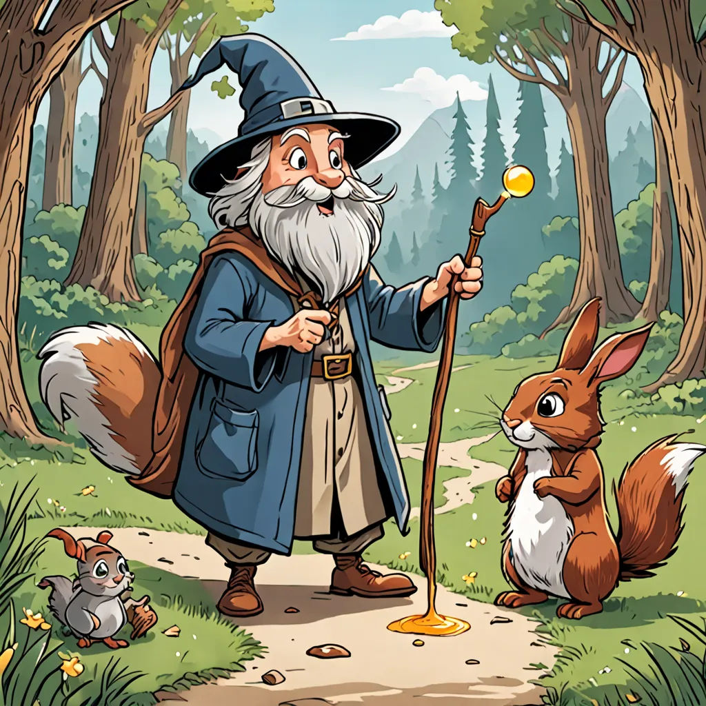a wizard with a staff and a squirrel in the forest illustration by alex krapfke for the children's book, the little prince and the little prince, fantasy art, a storybook illustration, Andrey Esionov, fantasy illustration
