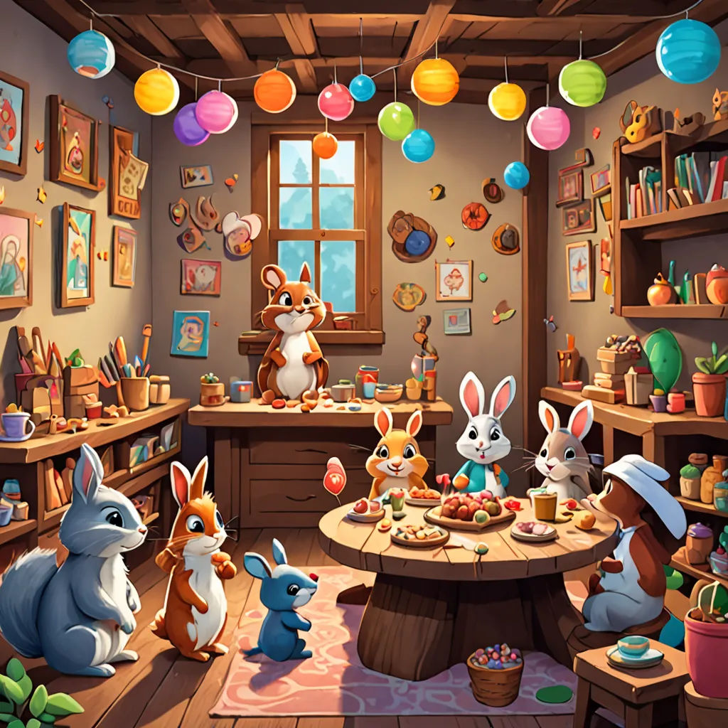 a room with many different animals and decorations on the walls and ceiling, and a table with a cake on it, furry art, a storybook illustration, Chris LaBrooy, art station