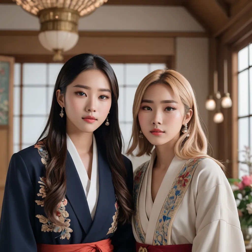 two women in traditional japanese clothing posing for a picture together in a room with a chandelier and chandelier, aestheticism, a photorealistic painting, An Gyeon, sakimichan