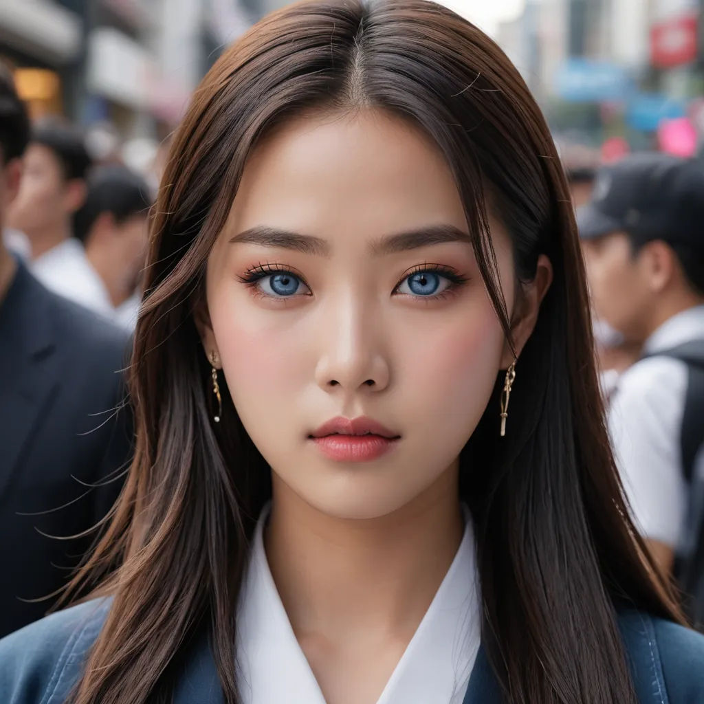 a woman with blue eyes and long hair in a city setting with other people in the background, wearing a blue jacket and white shirt, hyperrealism, a photorealistic painting, Choi Buk, rounded eyes