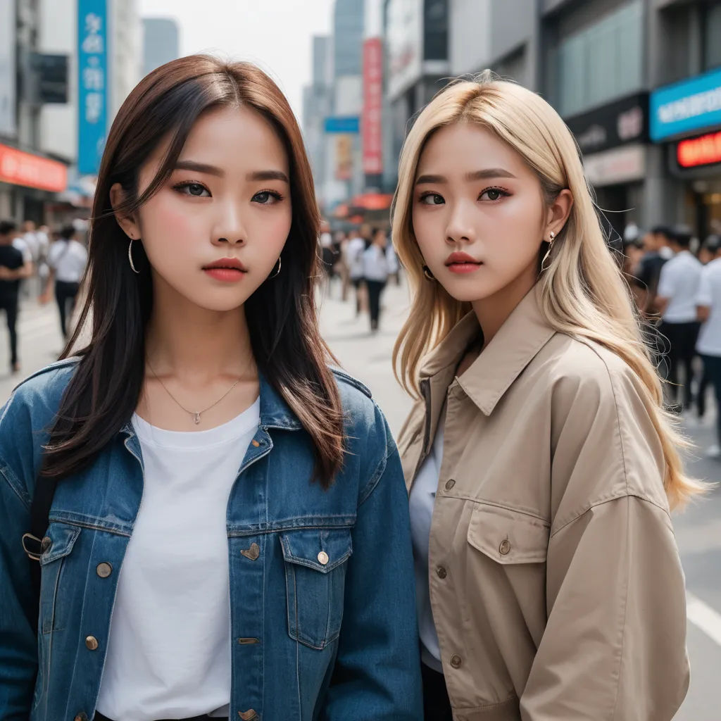 two young women standing next to each other on a street corner in a city with people walking around and a woman in a white shirt and a tan jacket, aestheticism, a stock photo, An Gyeon, symmetrical facial features