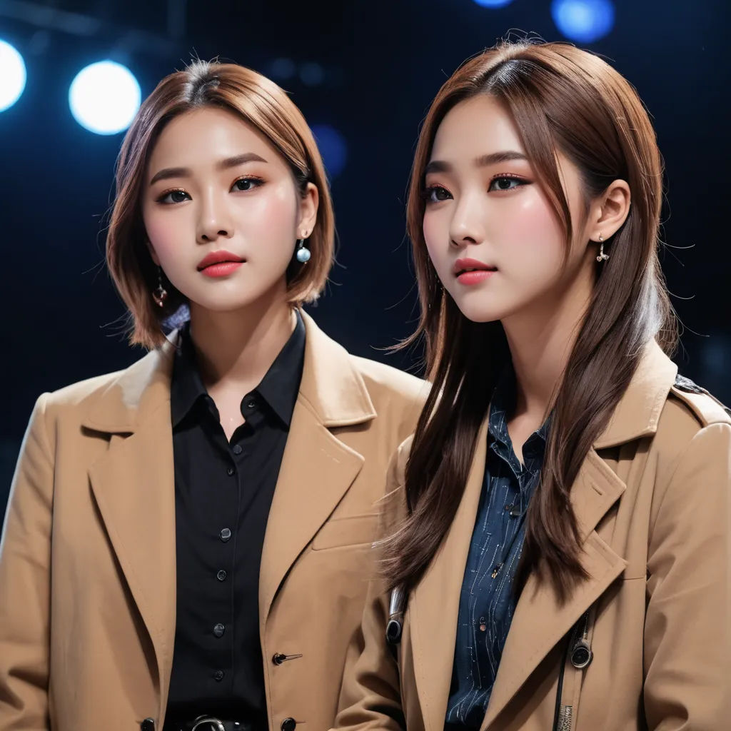 two asian women standing next to each other in front of a stage with lights behind them and a black background, aestheticism, a renaissance painting, An Gyeon, renaissance oil painting