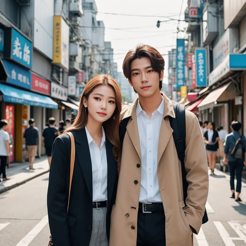 a man and a woman standing in the middle of a street in a city with buildings in the background, aestheticism, a photocopy, An Zhengwen, movie still