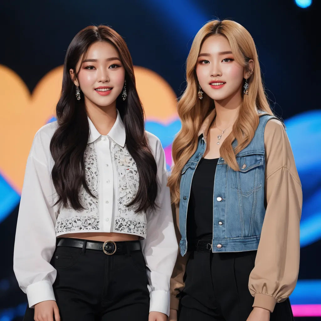 two asian women standing next to each other on a stage with a microphone in the background and a backdrop with a heart, neo-dada, a photocopy, Du Qiong, hq