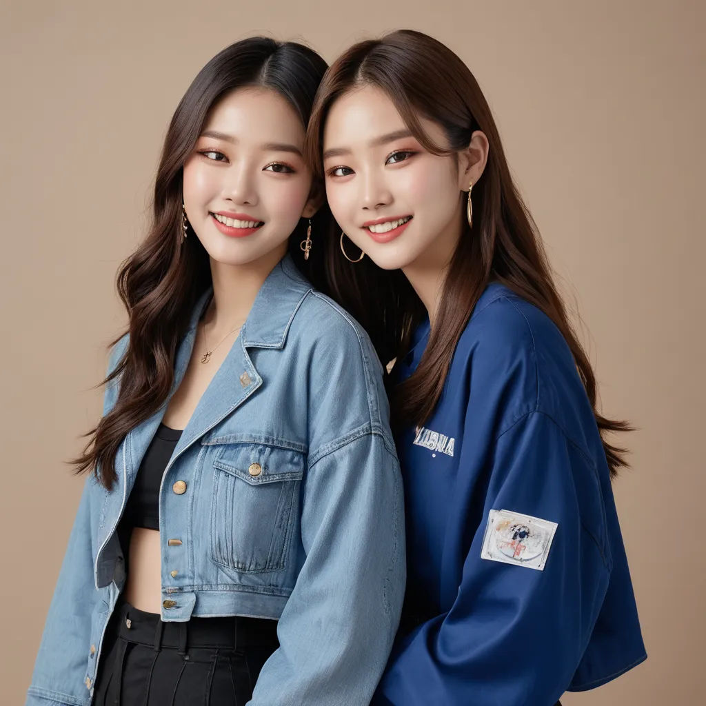 two asian women standing next to each other wearing jackets and jeans on a brown background, one of them is wearing a blue jacket, neoclassicism, a photocopy, An Gyeon, high quality