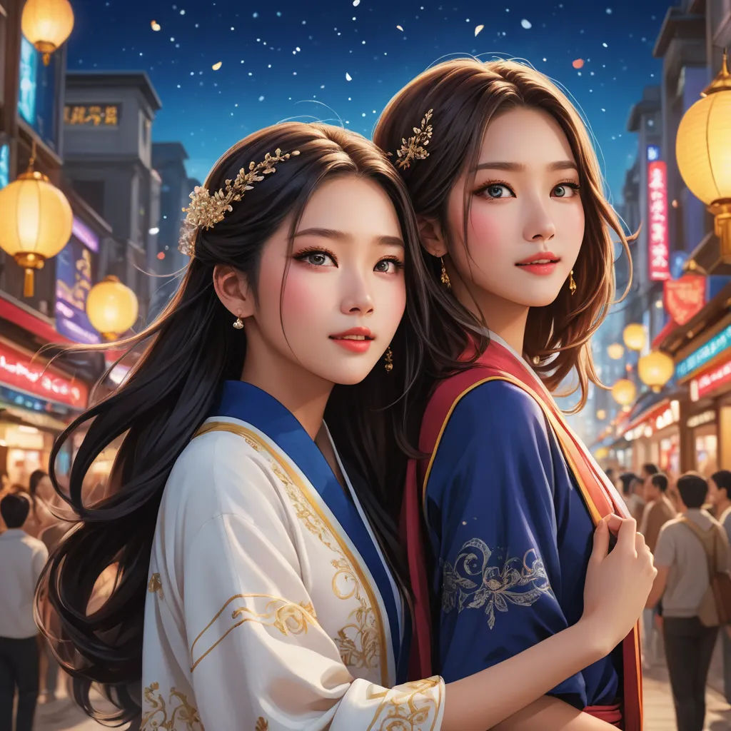 two asian women in traditional clothing standing in a street at night with lanterns in the background and a cityscape in the background, fantasy art, a photorealistic painting, Artgerm, stanley artgerm lau