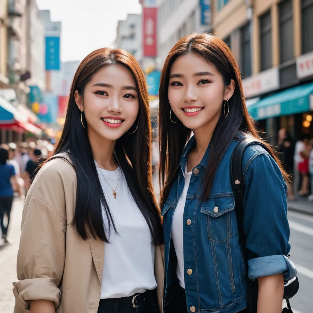 two asian women standing next to each other on a street corner in a city with buildings and people in the background, cloisonnism, a stock photo, Fan Qi, symmetrical facial features