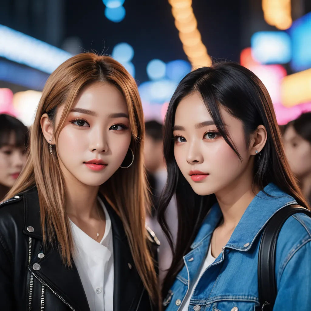 two asian women standing next to each other in a city at night time with neon lights in the background, aestheticism, a stock photo, An Gyeon, symmetrical facial features